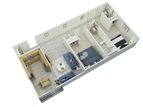 A 3D rendered image of a modern apartment layout.